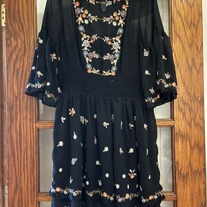 Maeve Black Dress with Vibrant Floral Embroidery